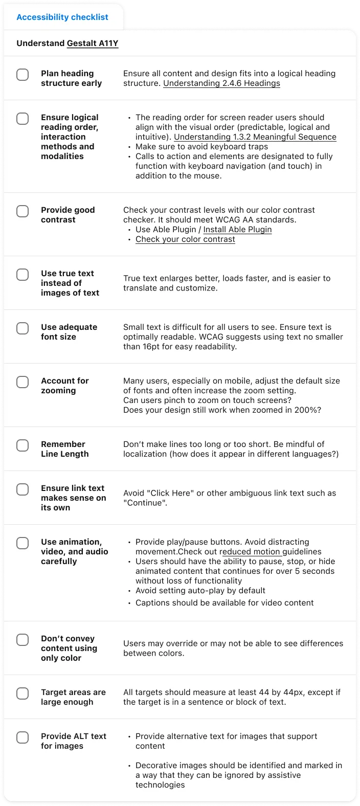 Accessibility checklist component for designers based on WCAG 2.2 guidelines.