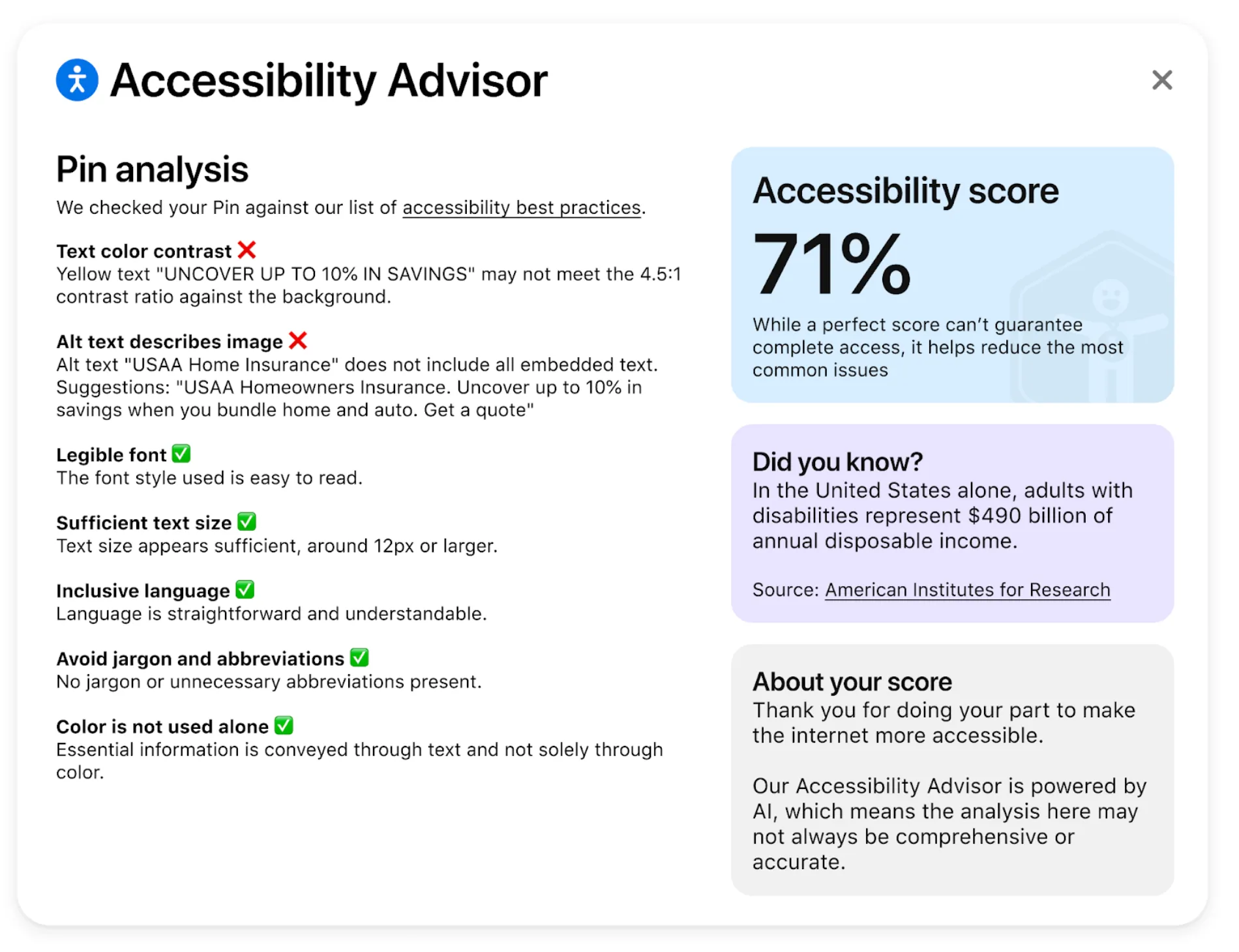 Mockup showing the checklist generated by our accessibility advisor tool for the Makeathon Project.