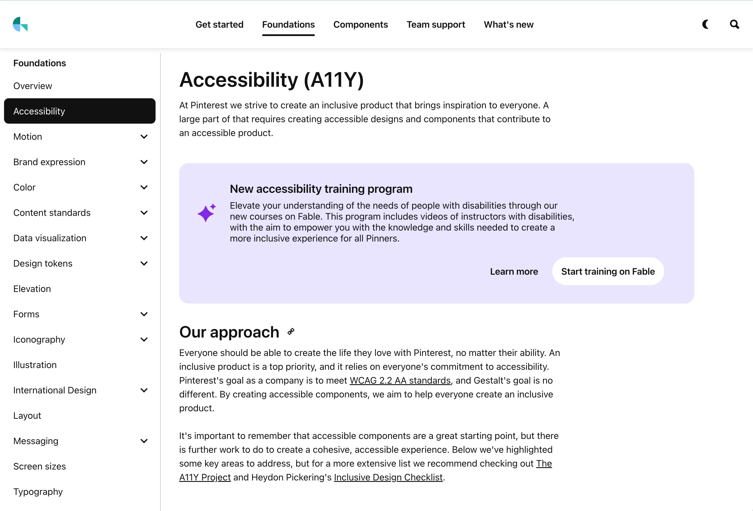 Screenshot of the Gestalt Pinterest design system accessibility page.